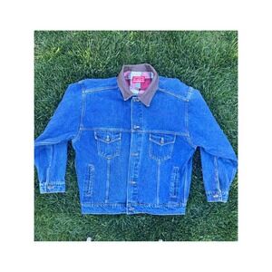 Marlboro Country Store Denim Jacket Blue Flannel Lined Leather Collar MCS 273 XL